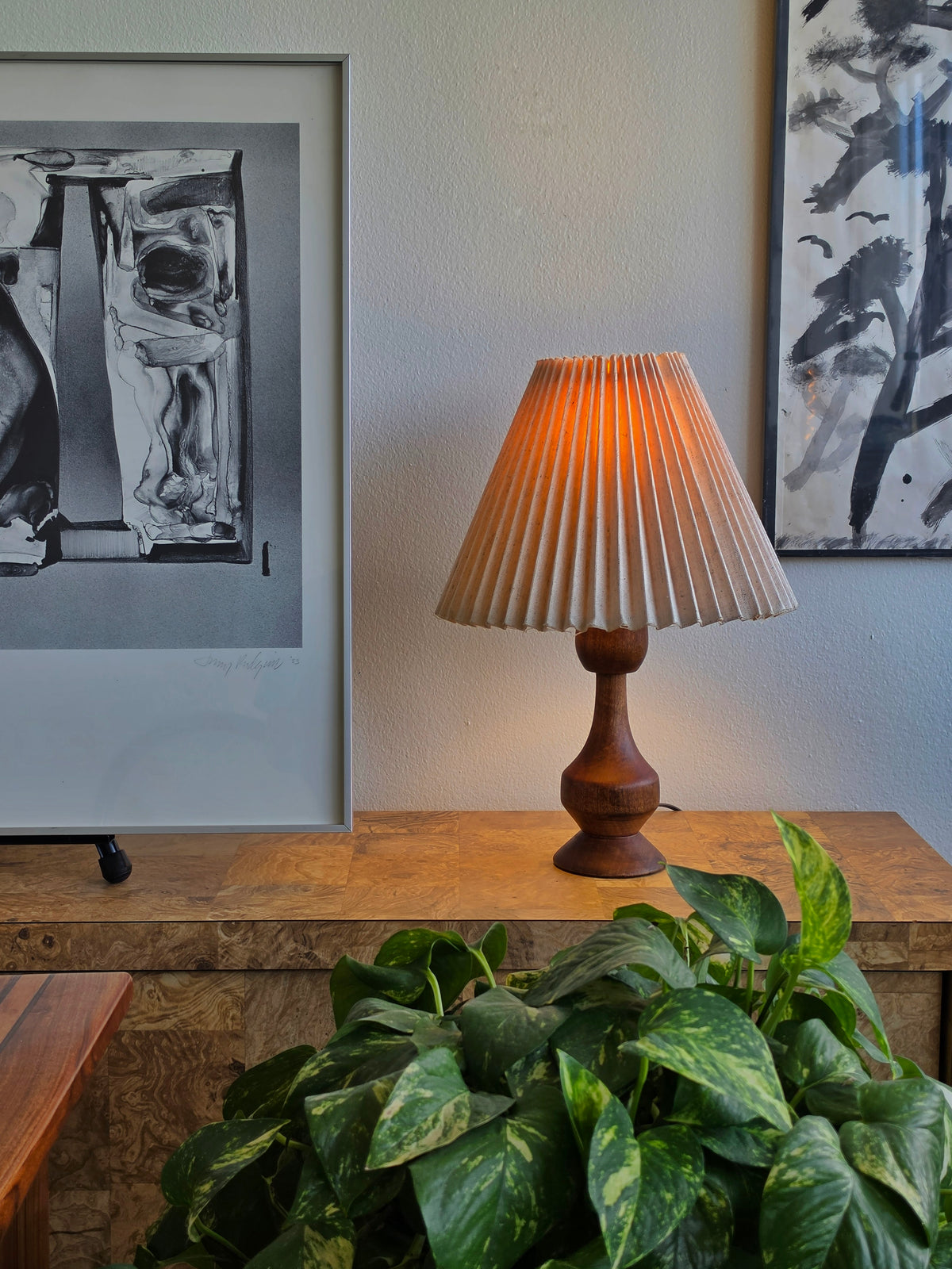 Vintage Turned-Wood Table Lamp with Pleated Shade