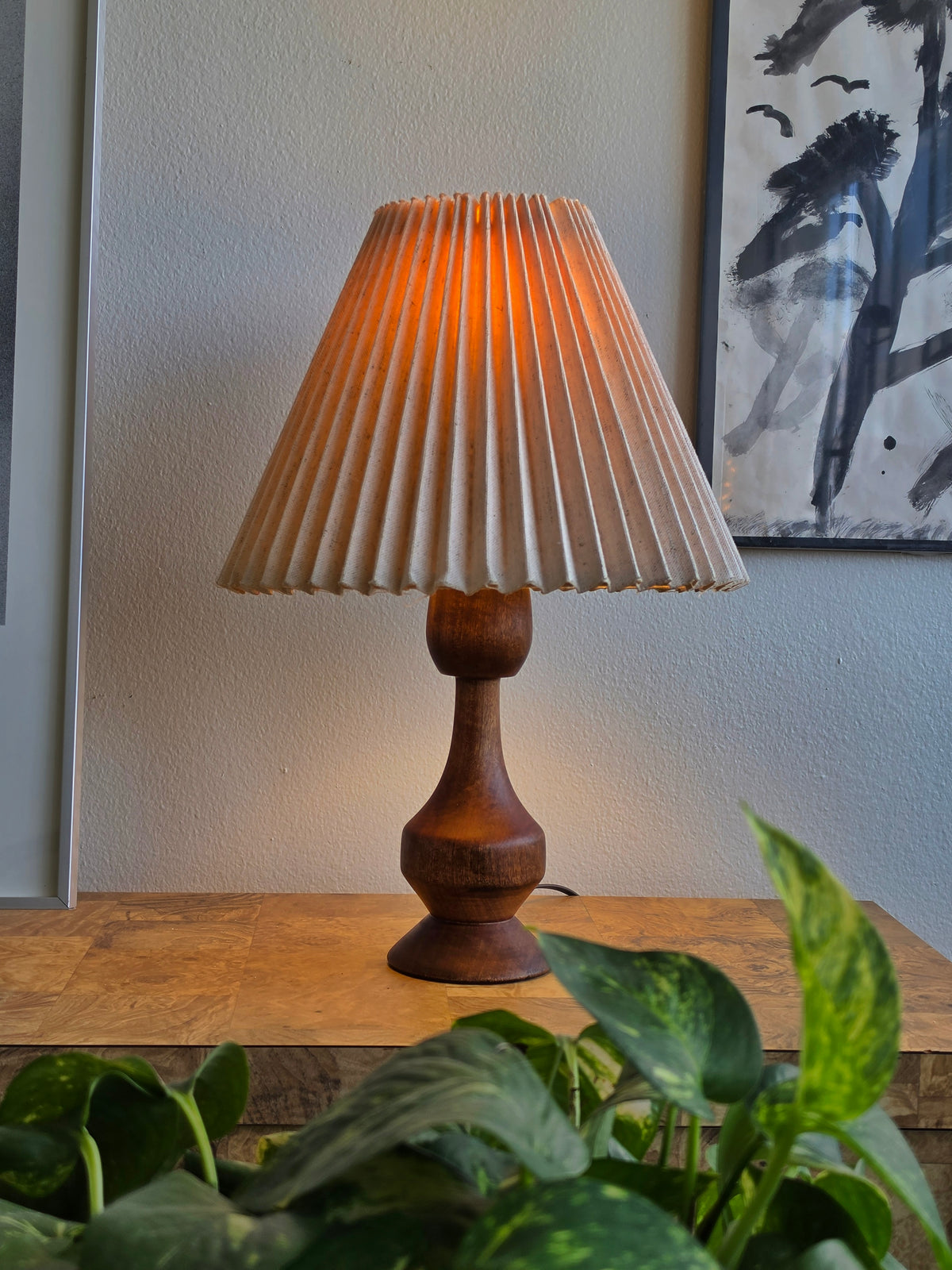 Vintage Turned-Wood Table Lamp with Pleated Shade