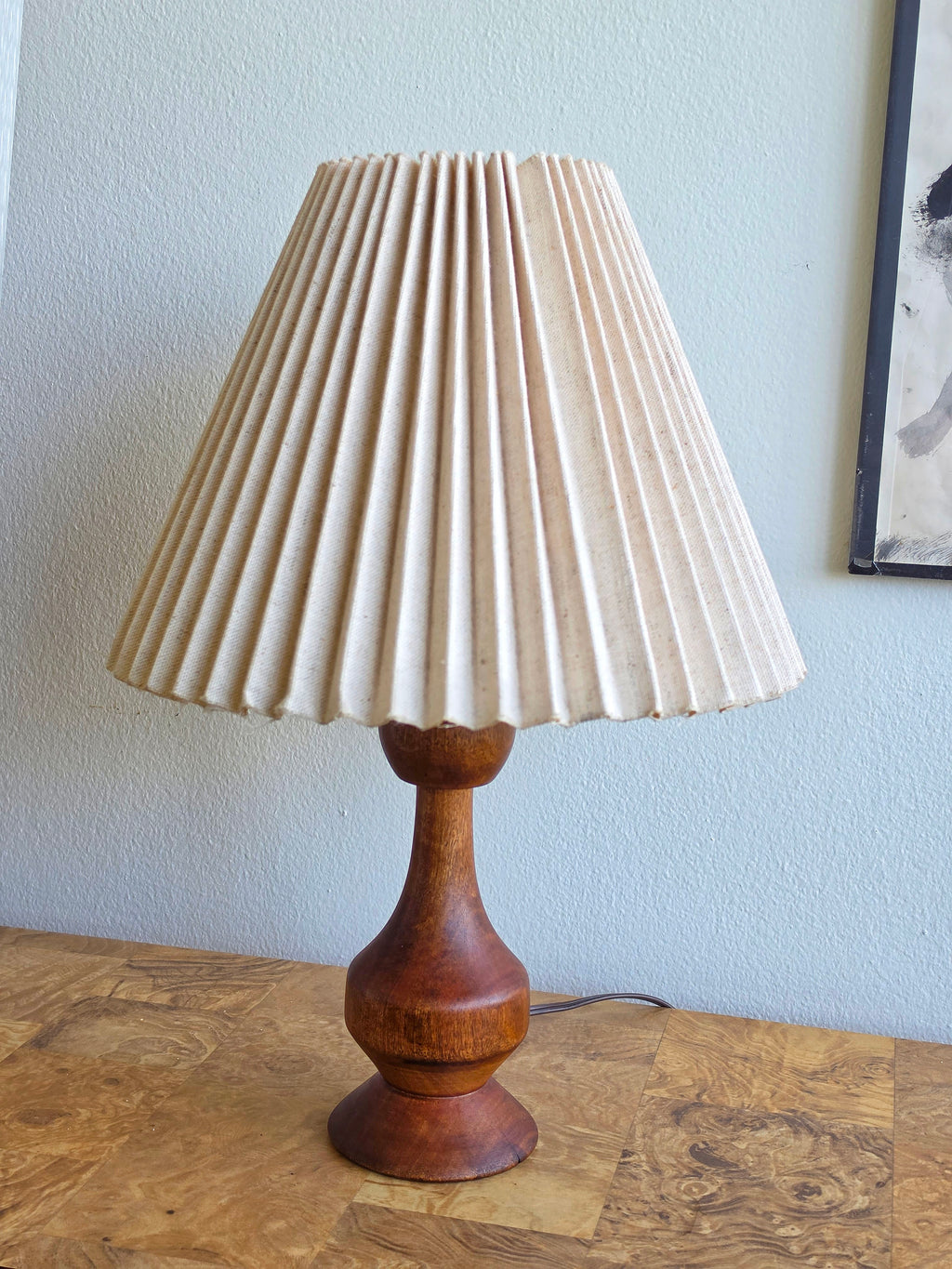 Vintage Turned-Wood Table Lamp with Pleated Shade