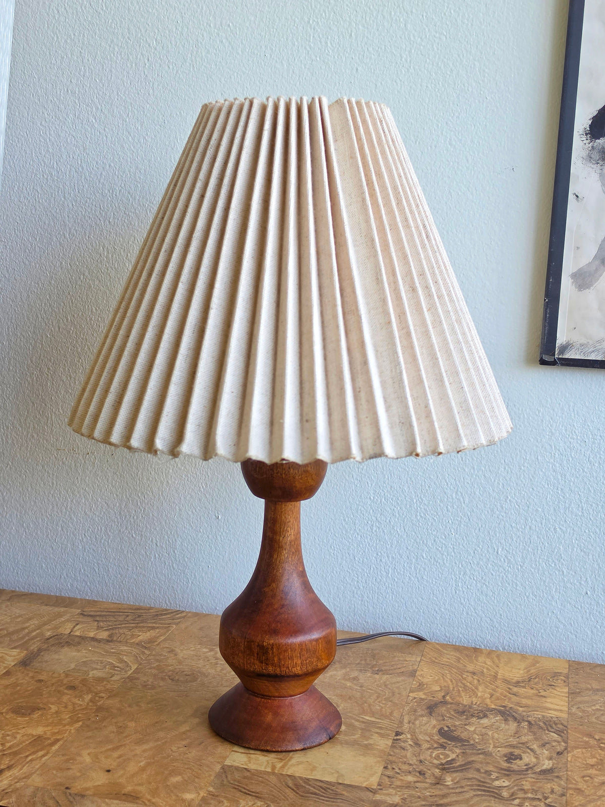 Vintage Turned-Wood Table Lamp with Pleated Shade