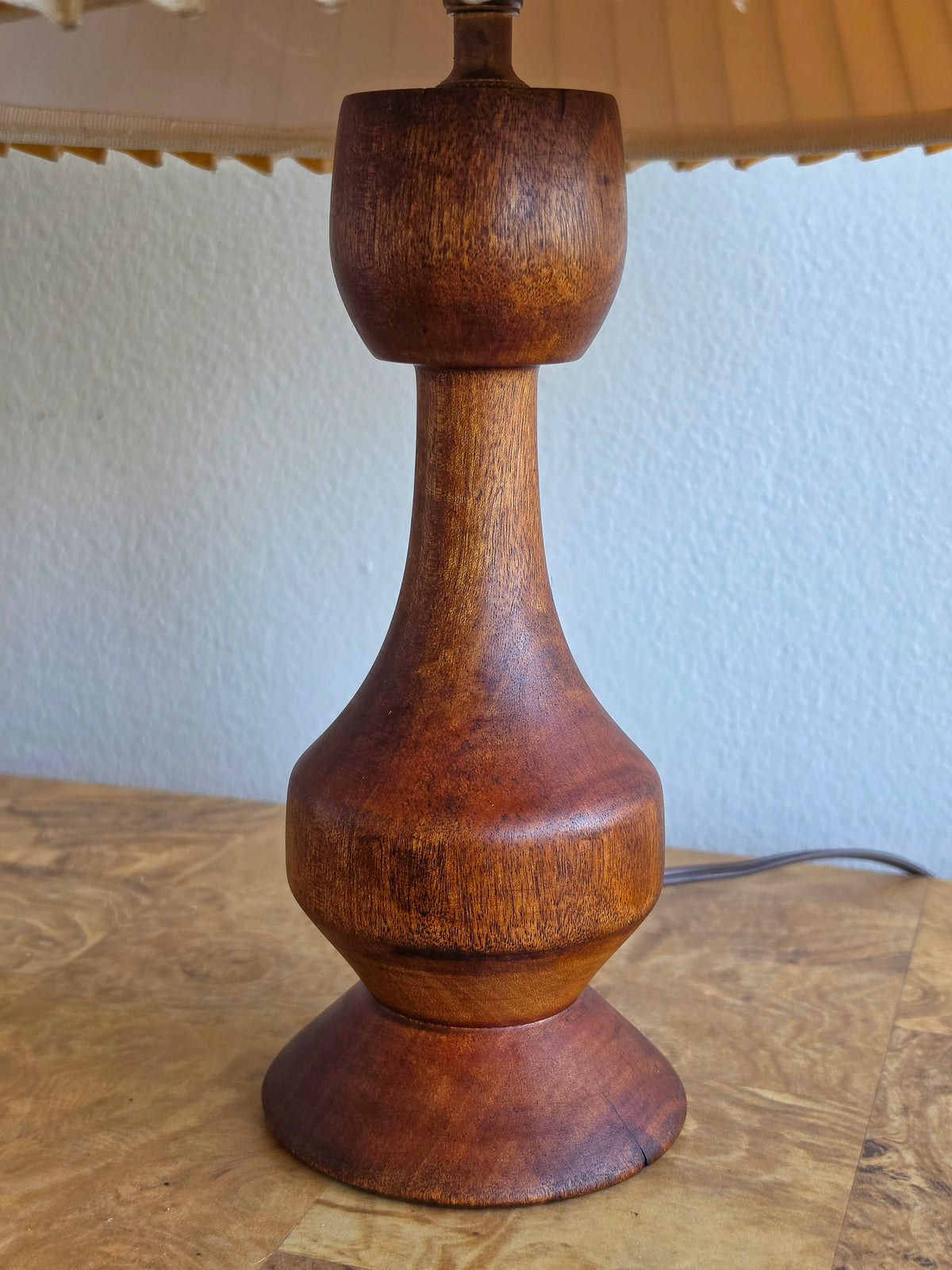 Vintage Turned-Wood Table Lamp with Pleated Shade