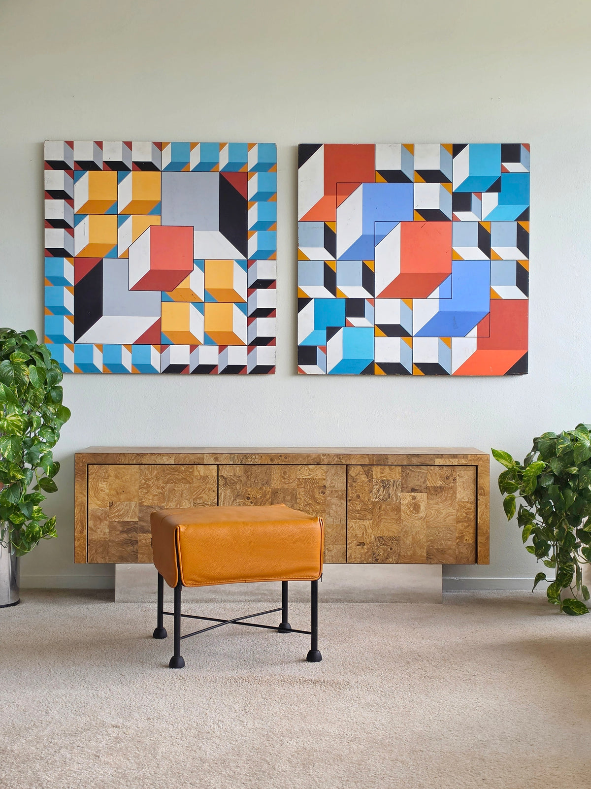 Pair of J.H. Henig Geometric Op Art Paintings