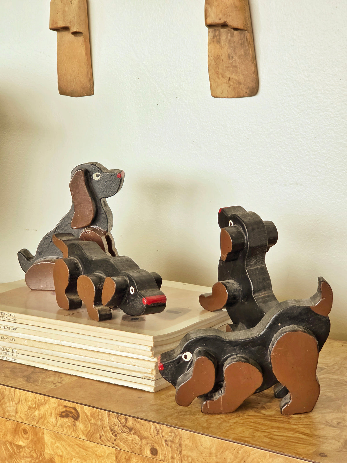 Set of Four Vintage Carved Wooden Dachshund Figures