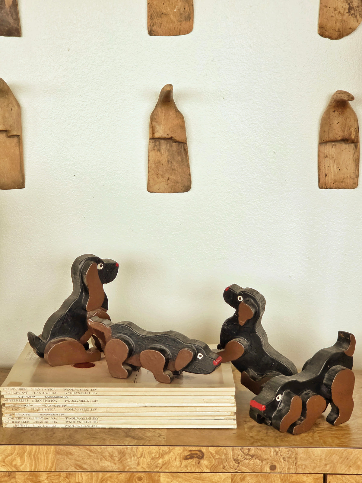 Set of Four Vintage Carved Wooden Dachshund Figures