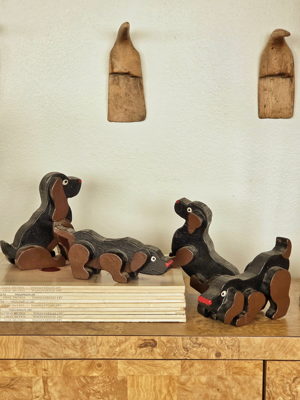 Set of Four Vintage Carved Wooden Dachshund Figures