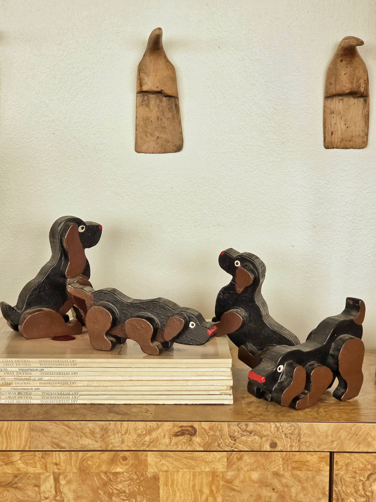 Set of Four Vintage Carved Wooden Dachshund Figures