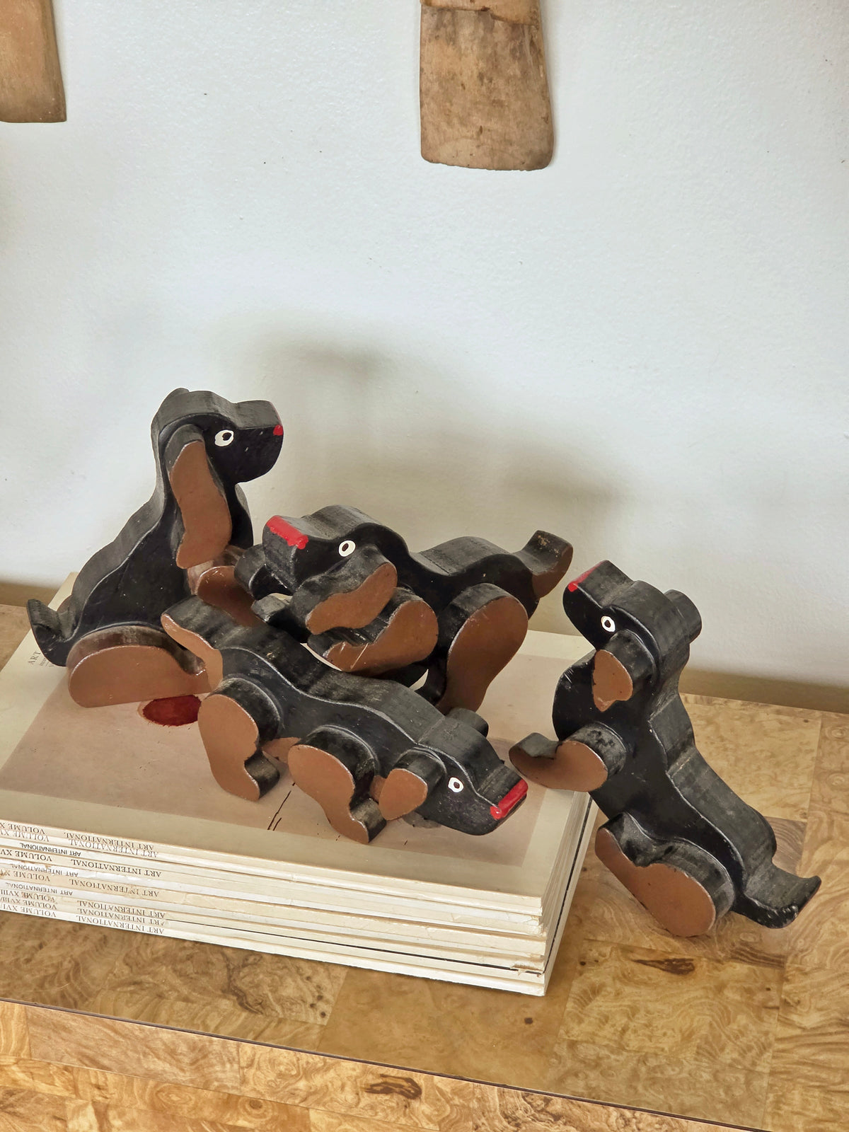 Set of Four Vintage Carved Wooden Dachshund Figures