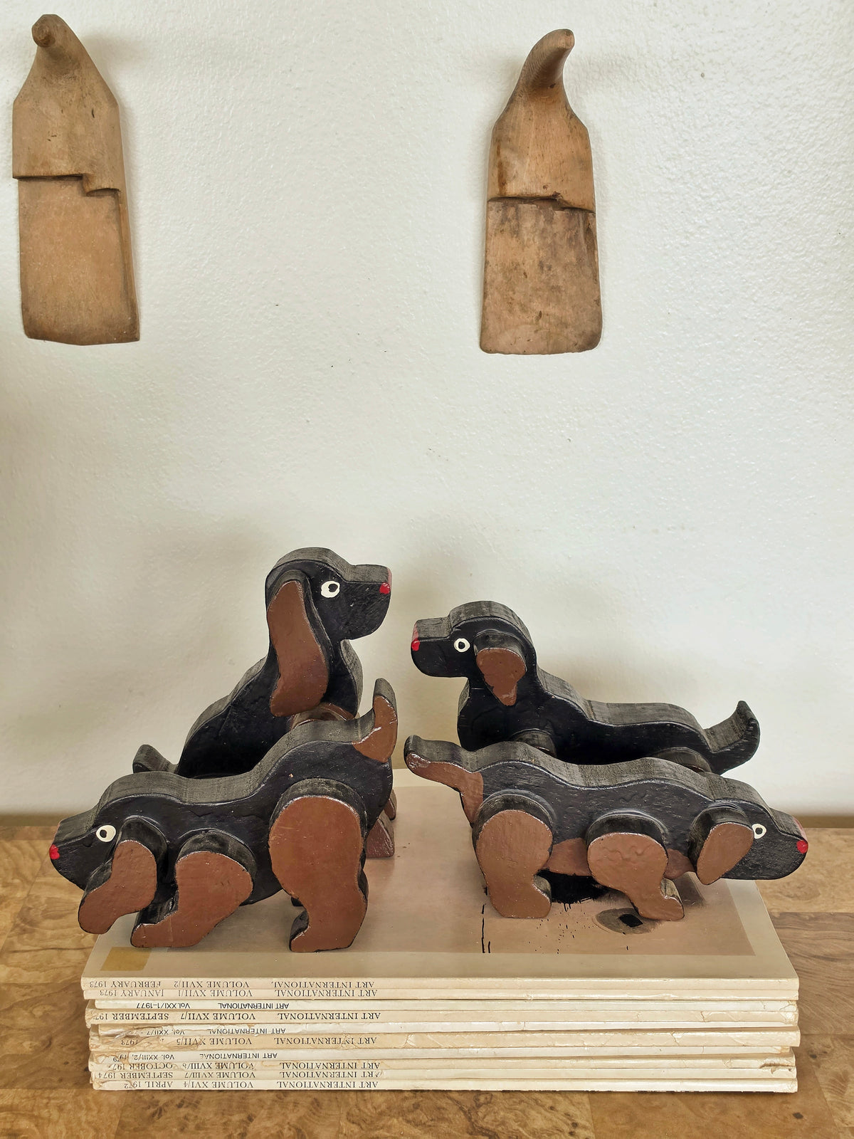 Set of Four Vintage Carved Wooden Dachshund Figures