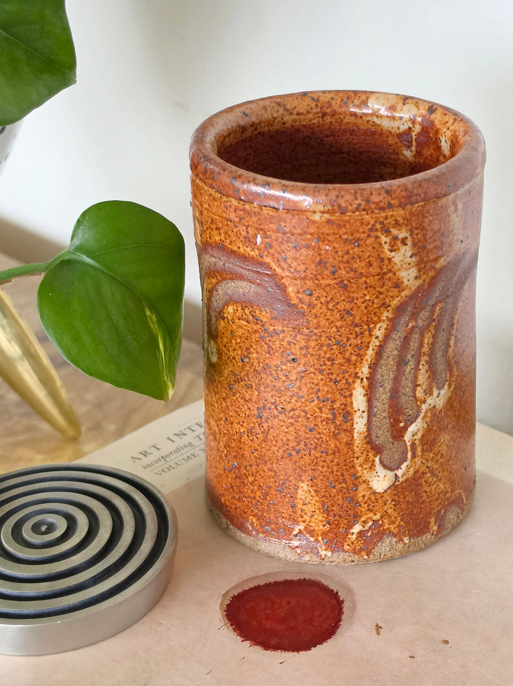Japanese Rust Glazed Cylindrical Pottery Vessel