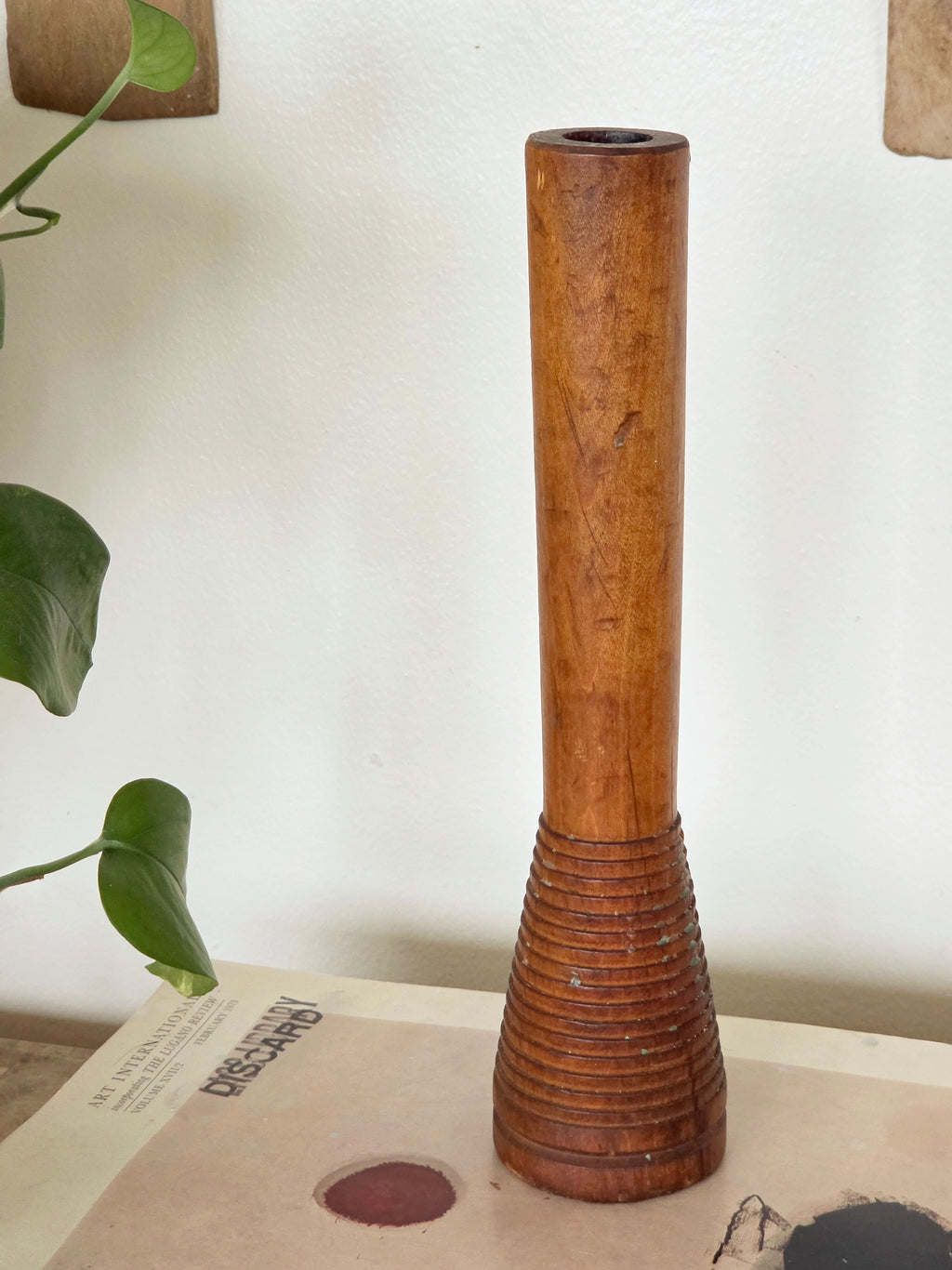 Tall Ribbed Folk Art Pottery Candlestick