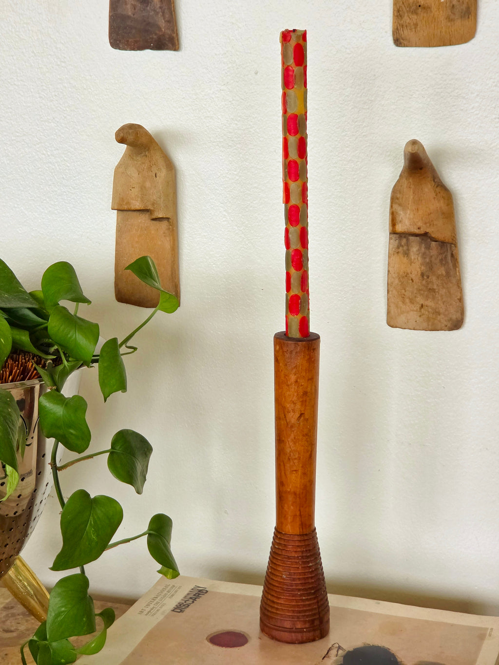 Tall Ribbed Folk Art Pottery Candlestick