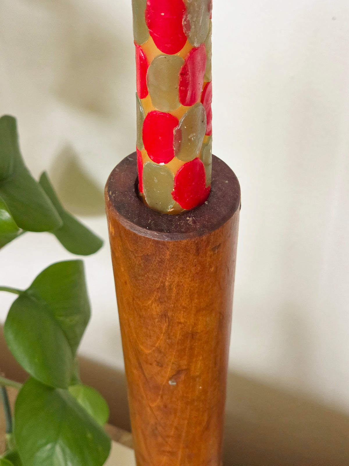 Tall Ribbed Folk Art Pottery Candlestick