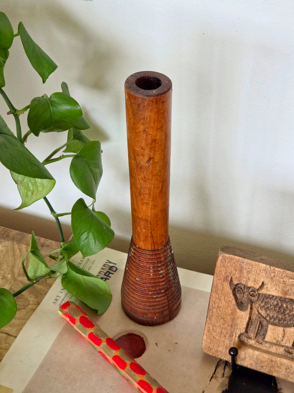 Tall Ribbed Folk Art Pottery Candlestick
