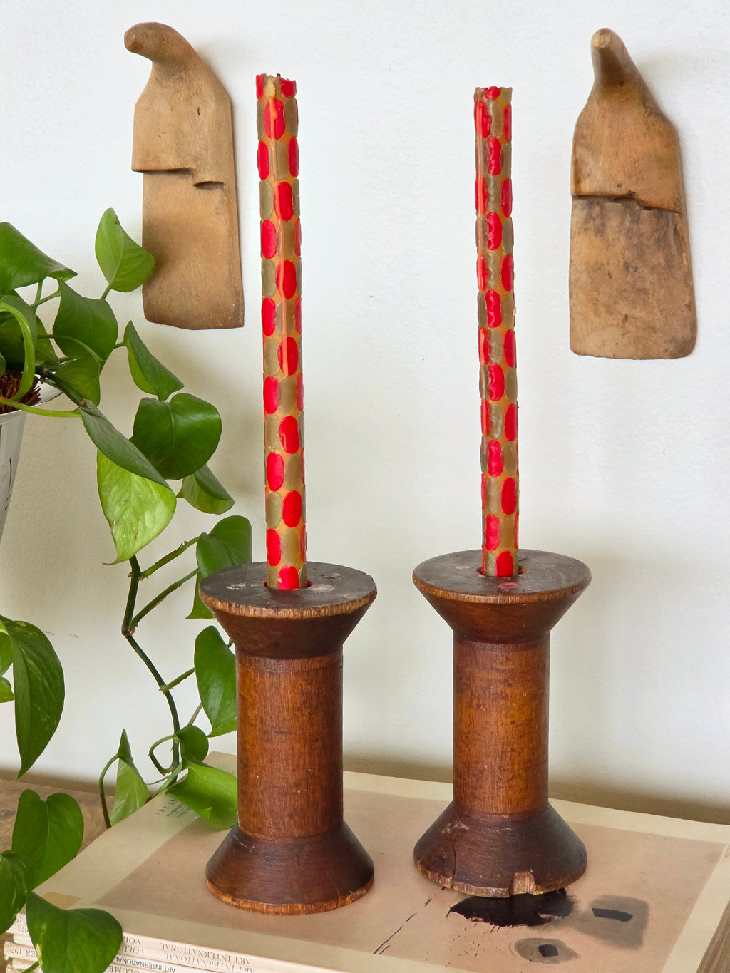 Pair of Rustic Wood Candlesticks