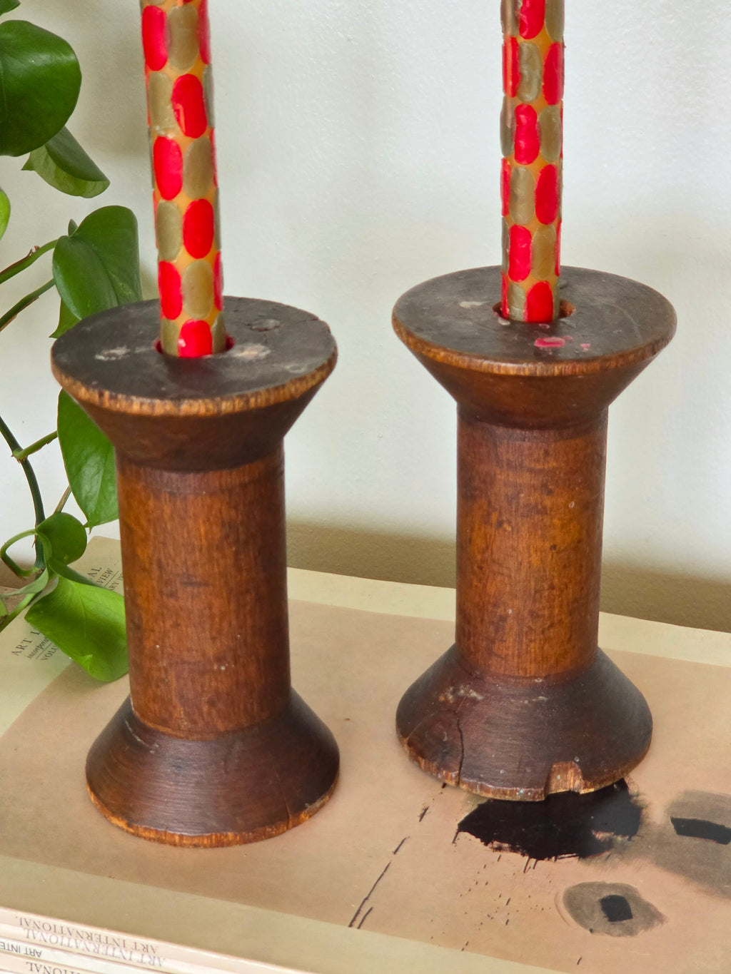 Pair of Rustic Wood Candlesticks