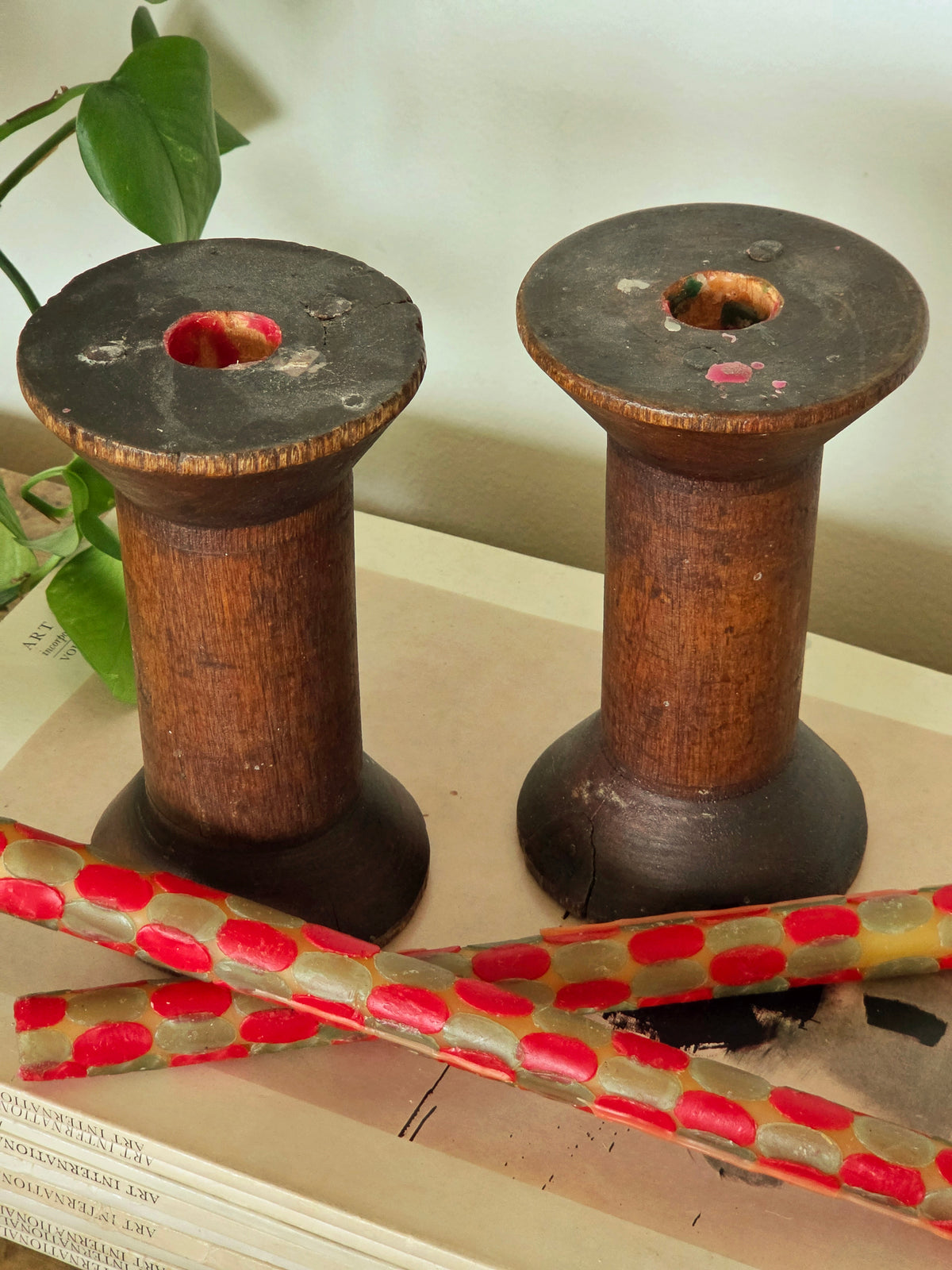 Pair of Rustic Wood Candlesticks